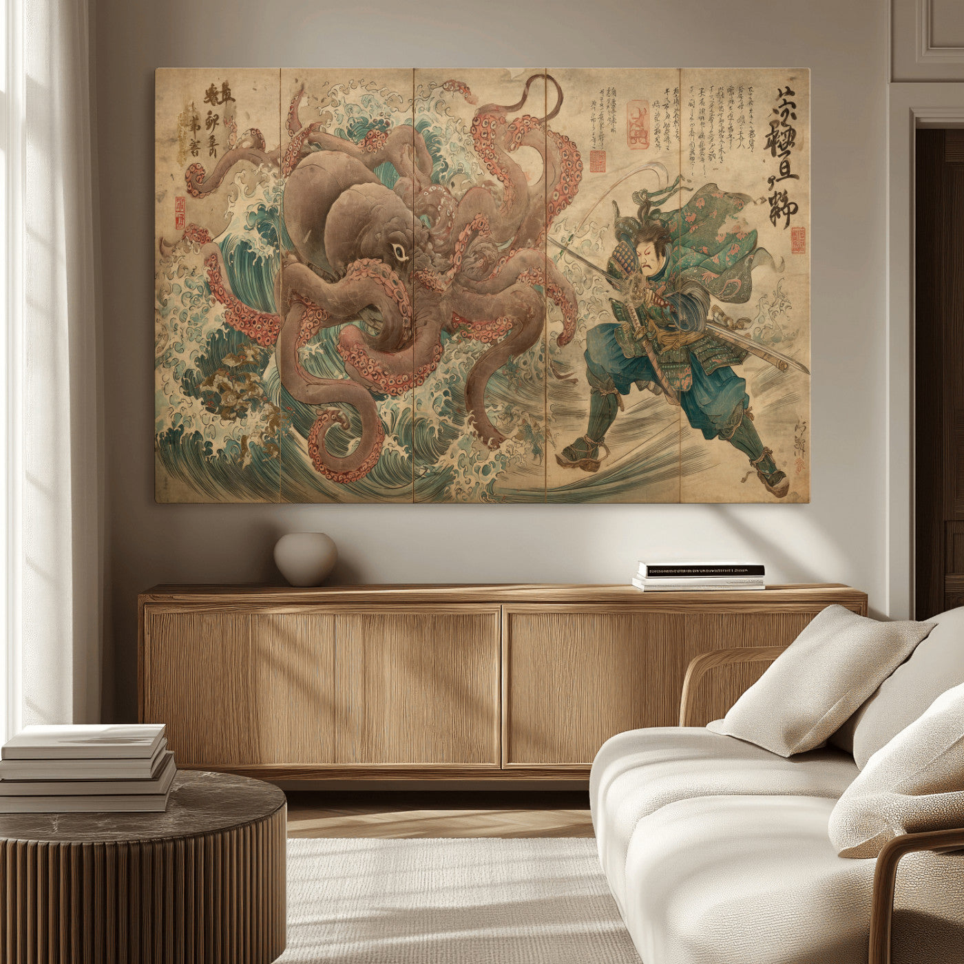 Tsukioka Yoshitoshi Samurai Wall Art Print, Japanese Katana Warrior Canvas Wall Art, Octopus Sea Monster Canvas Print,