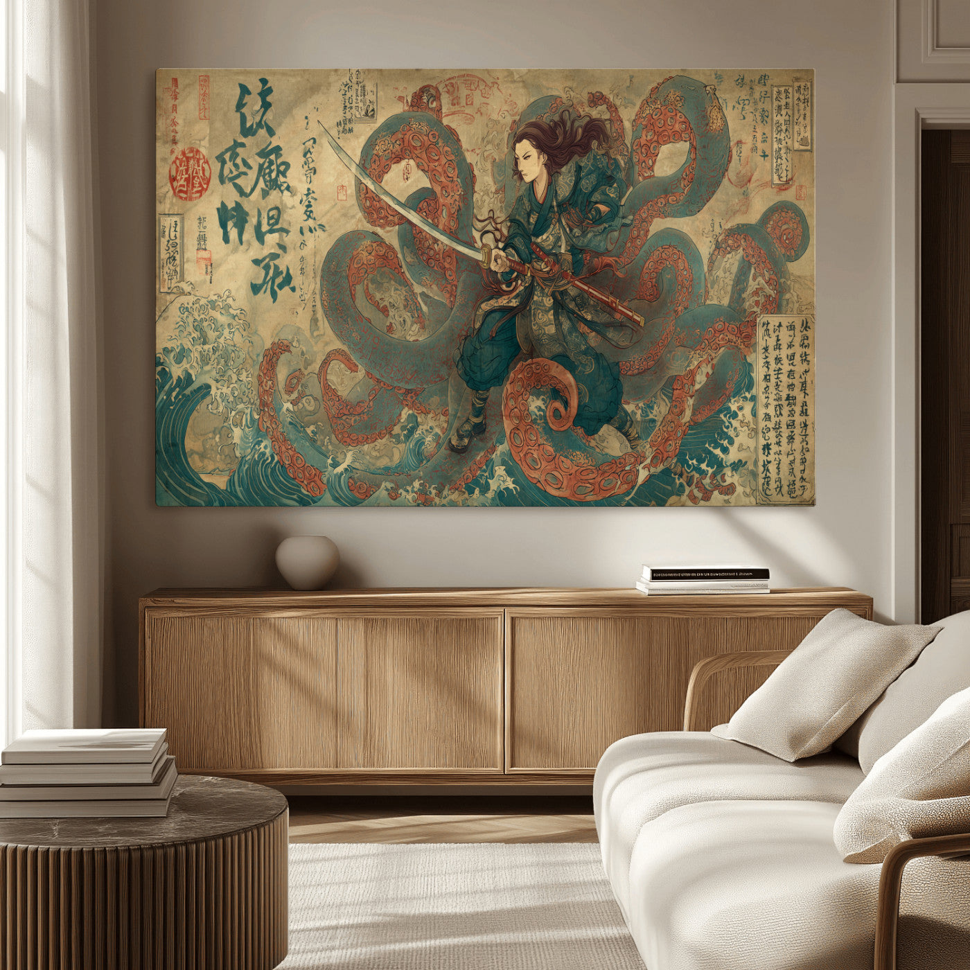 Tsukioka Yoshitoshi Samurai Wall Art Print, Japanese Katana Warrior Canvas Wall Art, Octopus Sea Monster Canvas Print,