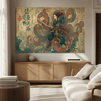 Tsukioka Yoshitoshi Samurai Wall Art Print, Japanese Katana Warrior Canvas Wall Art, Octopus Sea Monster Canvas Print,