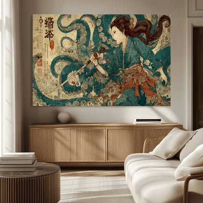 Tsukioka Yoshitoshi Samurai Wall Art Print, Japanese Katana Warrior Canvas Wall Art, Octopus Sea Monster Canvas Print,