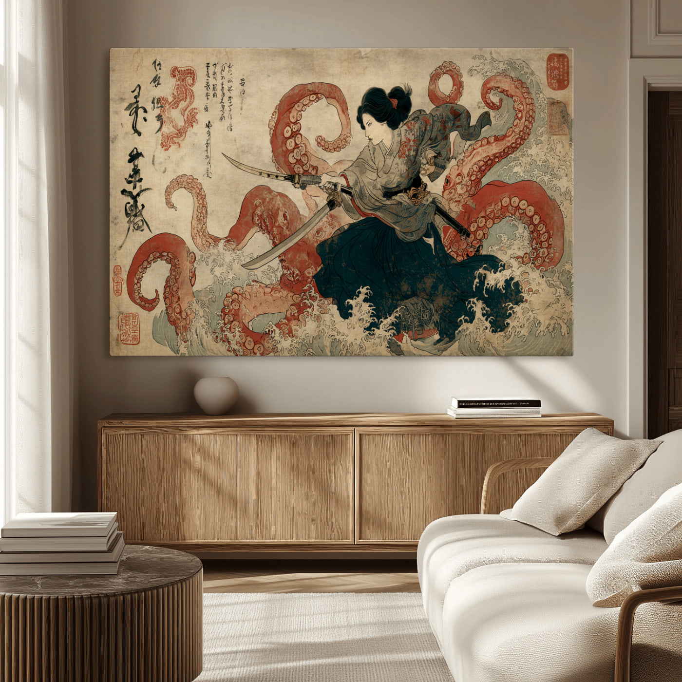 Tsukioka Yoshitoshi Samurai Wall Art Print, Japanese Katana Warrior Canvas Wall Art, Octopus Sea Monster Canvas Print,