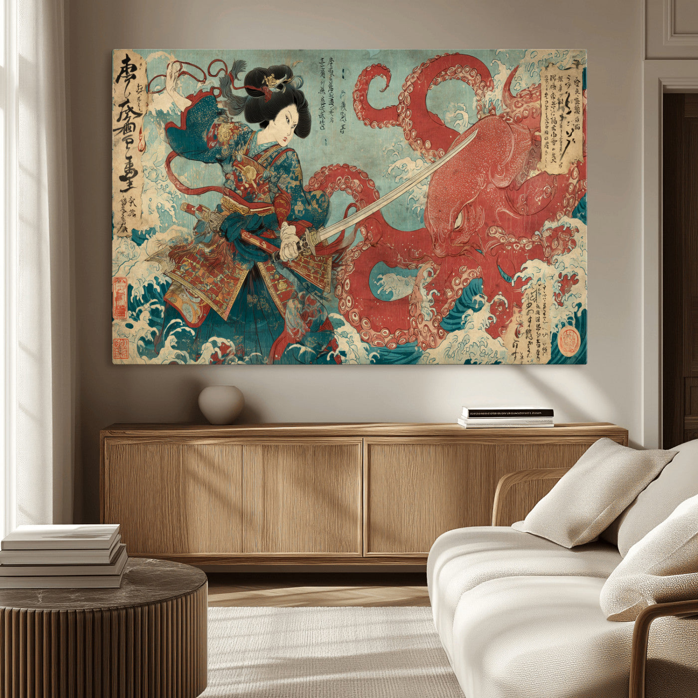 Tsukioka Yoshitoshi Samurai Wall Art Print, Japanese Katana Warrior Canvas Wall Art, Octopus Sea Monster Canvas Print,