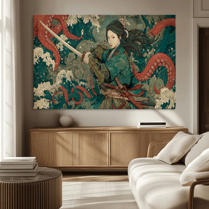 Tsukioka Yoshitoshi Samurai Wall Art Print, Japanese Katana Warrior Canvas Wall Art, Octopus Sea Monster Canvas Print,