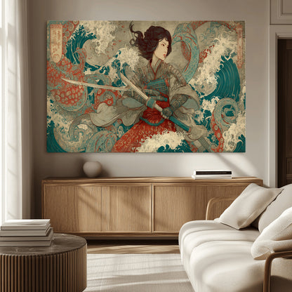 Tsukioka Yoshitoshi Samurai Wall Art Print, Japanese Katana Warrior Canvas Wall Art, Octopus Sea Monster Canvas Print,