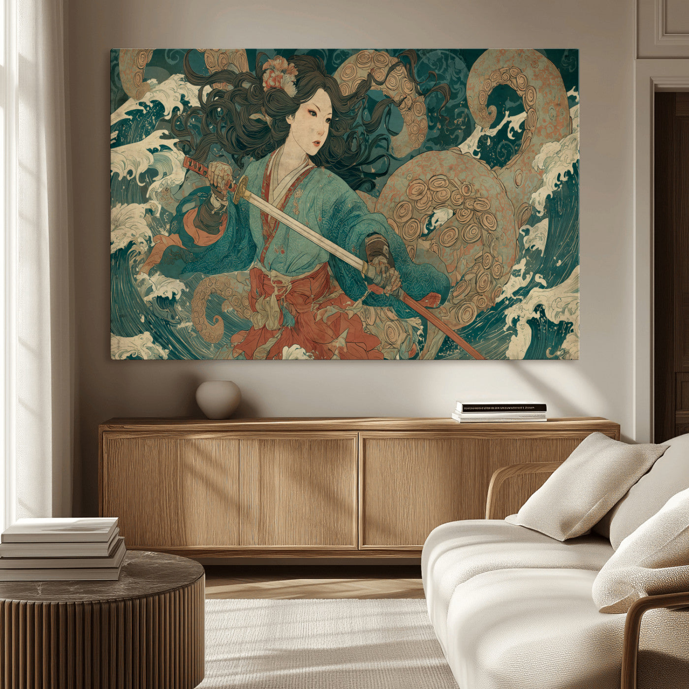 Tsukioka Yoshitoshi Samurai Wall Art Print, Japanese Katana Warrior Canvas Wall Art, Octopus Sea Monster Canvas Print,