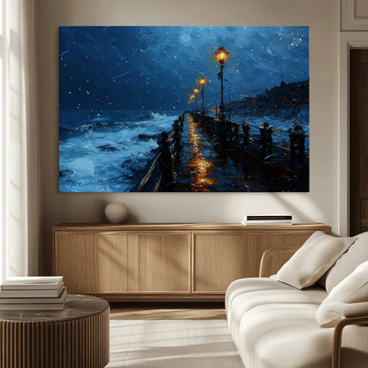 "Impressionistic painting of a rainy pier at night with glowing street lamps reflecting on the wet surface, ocean waves crashing under a dark blue sky."