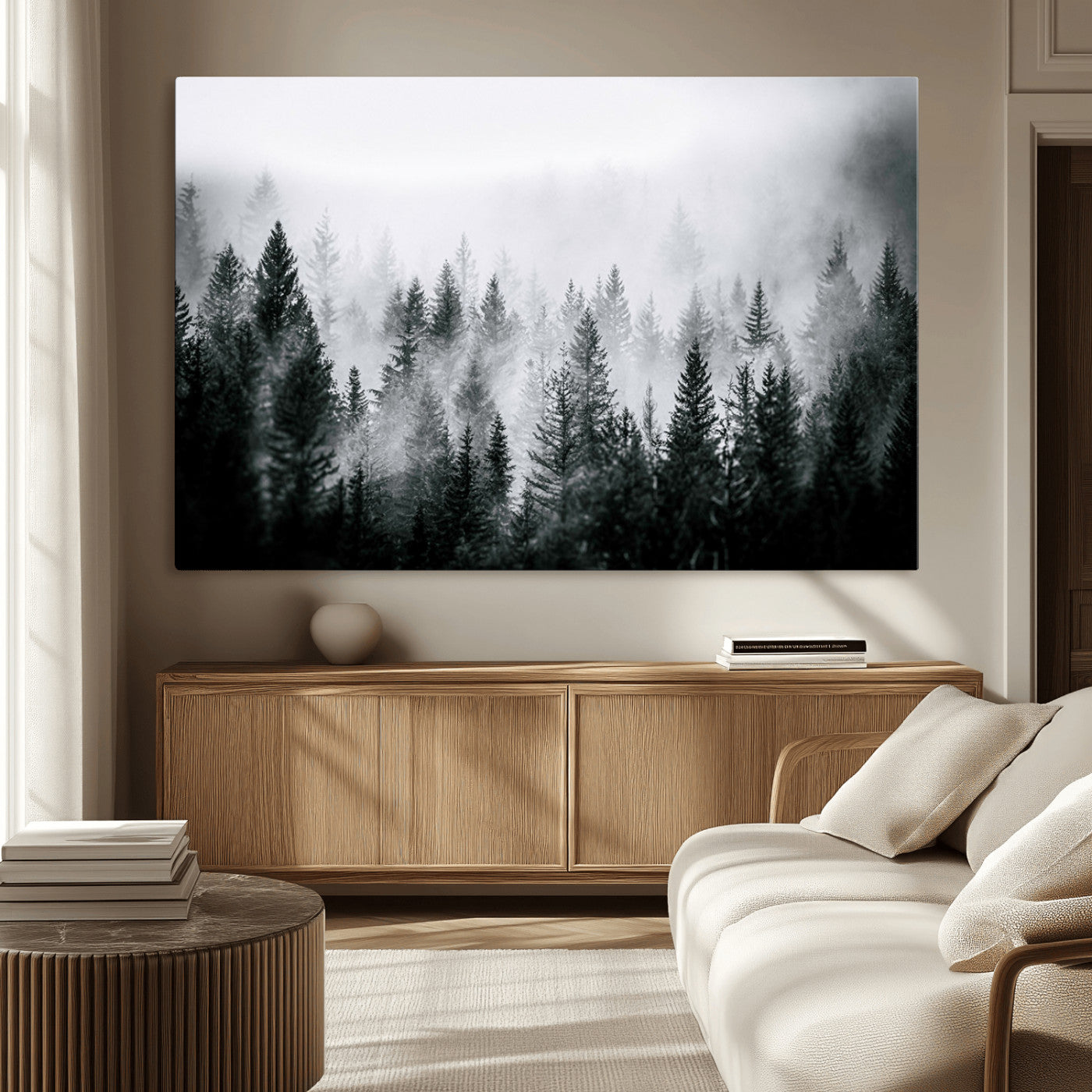 Foggy Pine Forest Canvas Wall Art – Black and White Nature Landscape Print, Horizontal Canvas for Modern, Rustic, or Minimalist Home and Office Decor