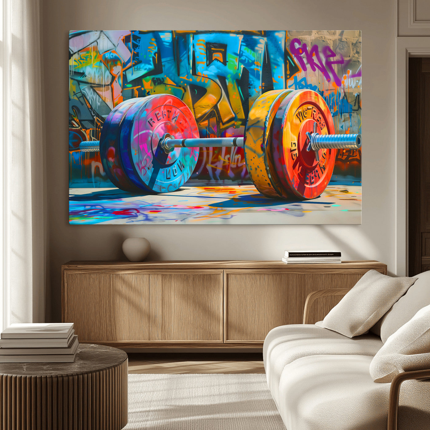 Colorful Barbell Wall Art Canvas Print, Framed Street Gym Art Picture Print, Graffiti Workout Perfect Urban Fitness Decor Artwork
