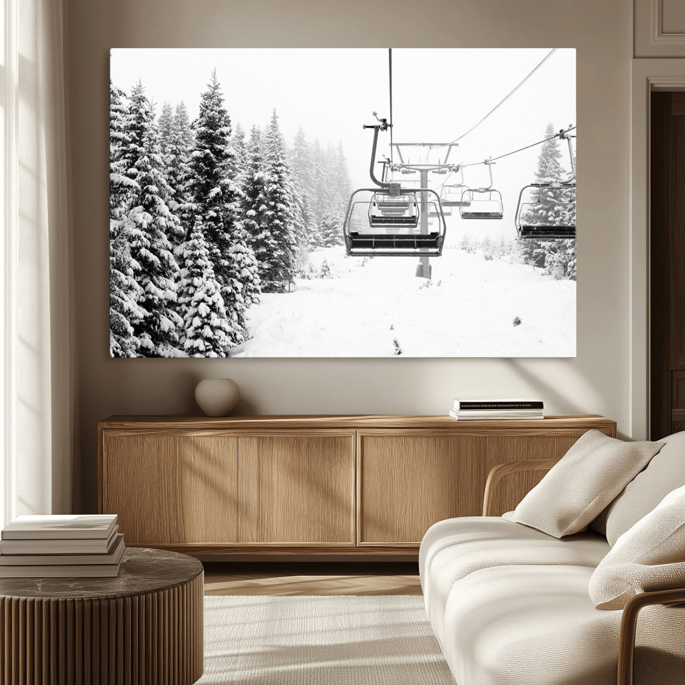 Black and white canvas of empty ski lifts over a snowy pine forest, perfect for minimal winter or ski lodge-inspired decor.