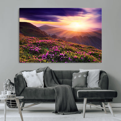 -Mountain Sunrise Wall Art – Vibrant Floral Landscape Canvas Print, Nature Home Decor for Living Room, Bedroom Office or Cabin