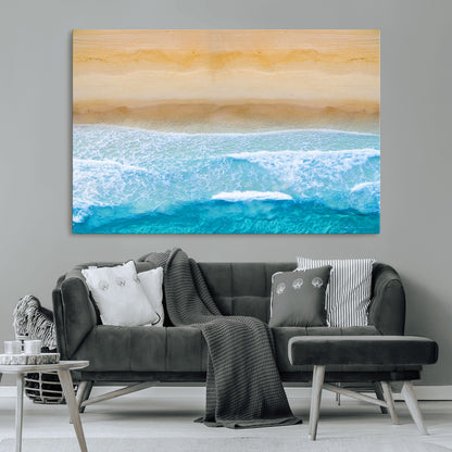 -Aerial Beach Wall Art – Serene Ocean Waves & Sandy Shore Canvas Print, Coastal Home Decor for Living Room, Bedroom or Office