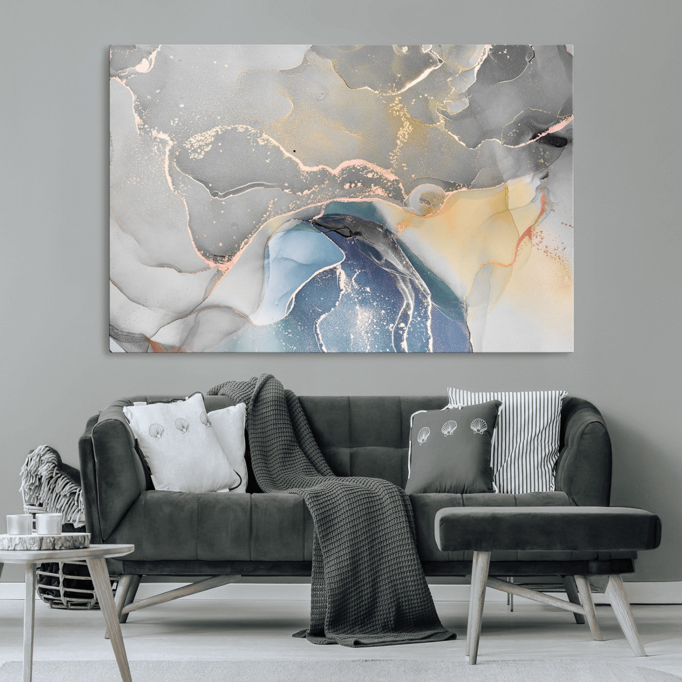 -Abstract Fluid Art Wall Decor – Blue, Gray & Gold Canvas Print, Modern Home and Office Wall Art Decor for Living Room, Bedroom or Workspace