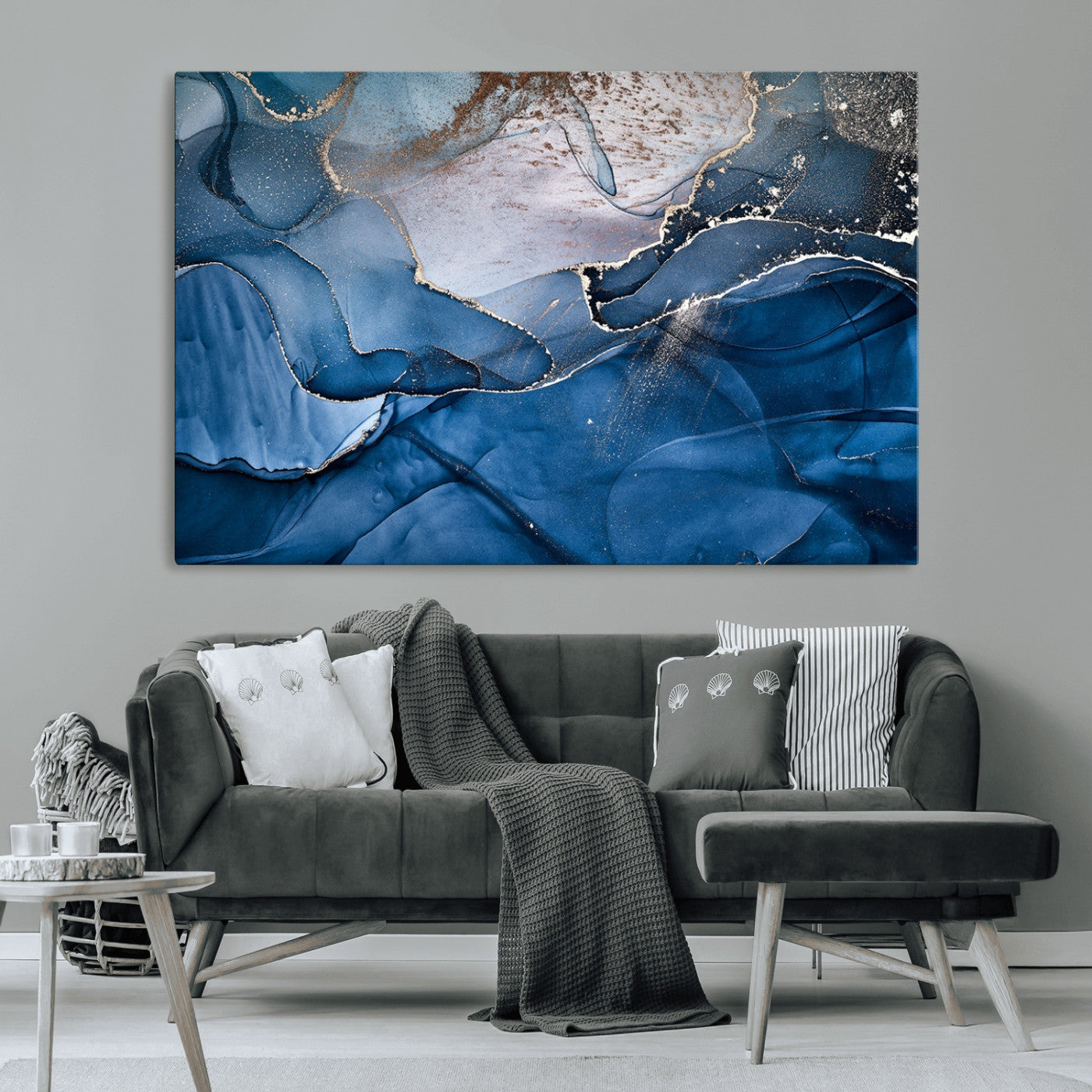 -Abstract Blue Gold Fluid Art Wall Decor – Modern Canvas Print, Elegant Home & Office Wall Art, Stylish Living Room or Bedroom Decoration