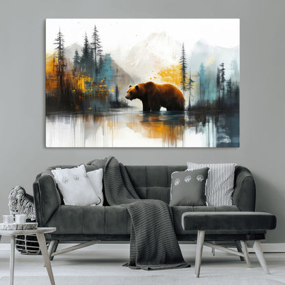 A majestic bear stands by the serene waters of a misty forest, surrounded by towering trees and distant mountains, evoking the raw beauty and wild spirit of nature.