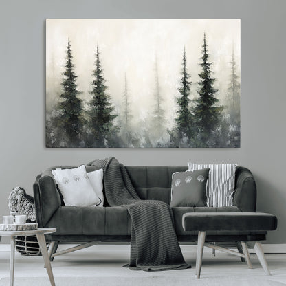 Soft and misty pine forest painting in neutral earthy tones, ideal for calm woodland or minimalist rustic home decor.