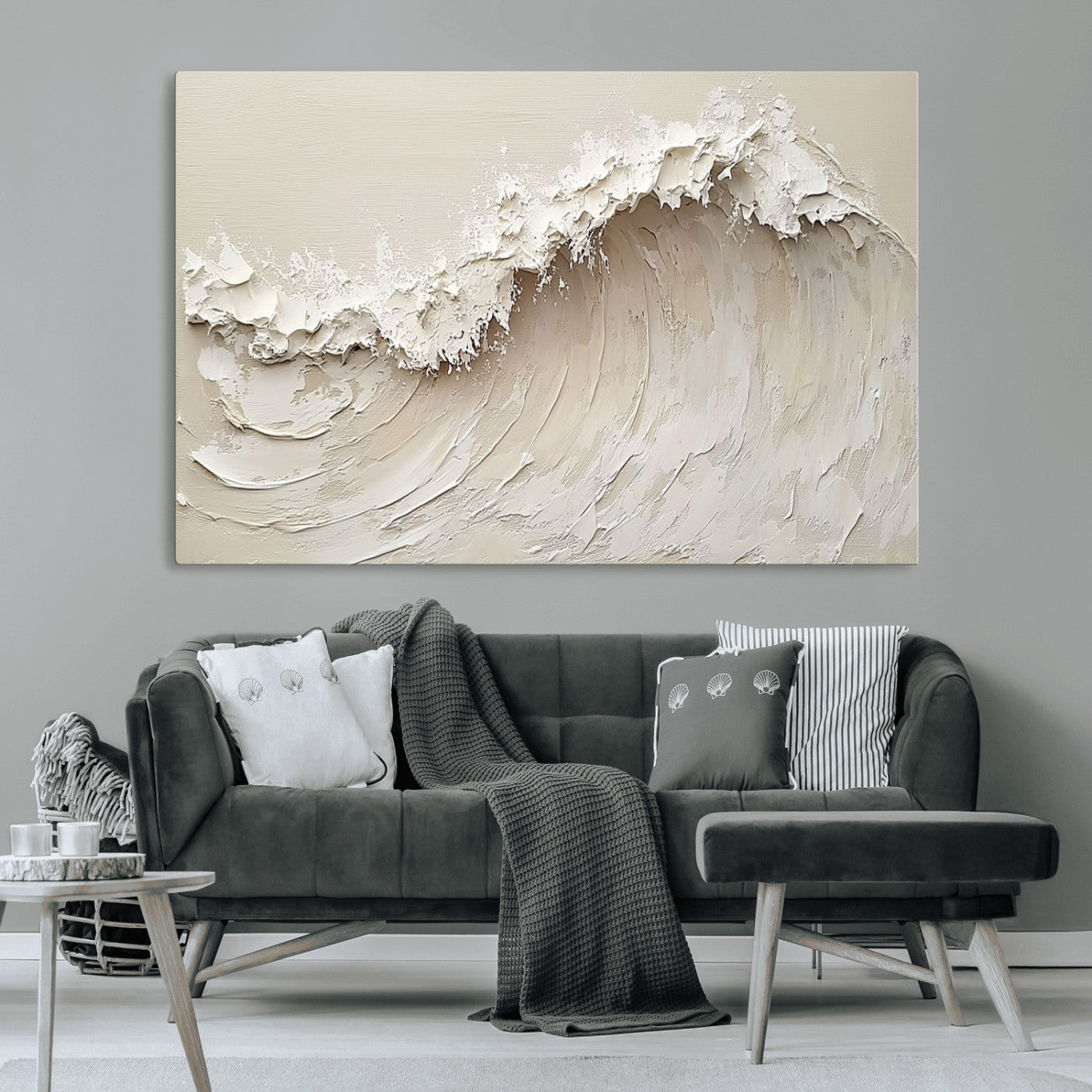 Textured canvas of an abstract white ocean wave in neutral tones, ideal for modern coastal or minimalist home decor.