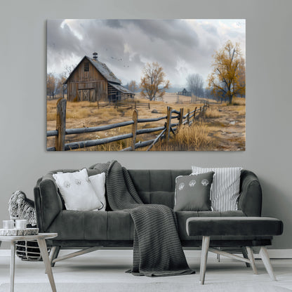 A tranquil rural scene featuring a rustic barn, overcast skies, and golden fields with scattered trees, evoking a sense of peaceful solitude in nature.