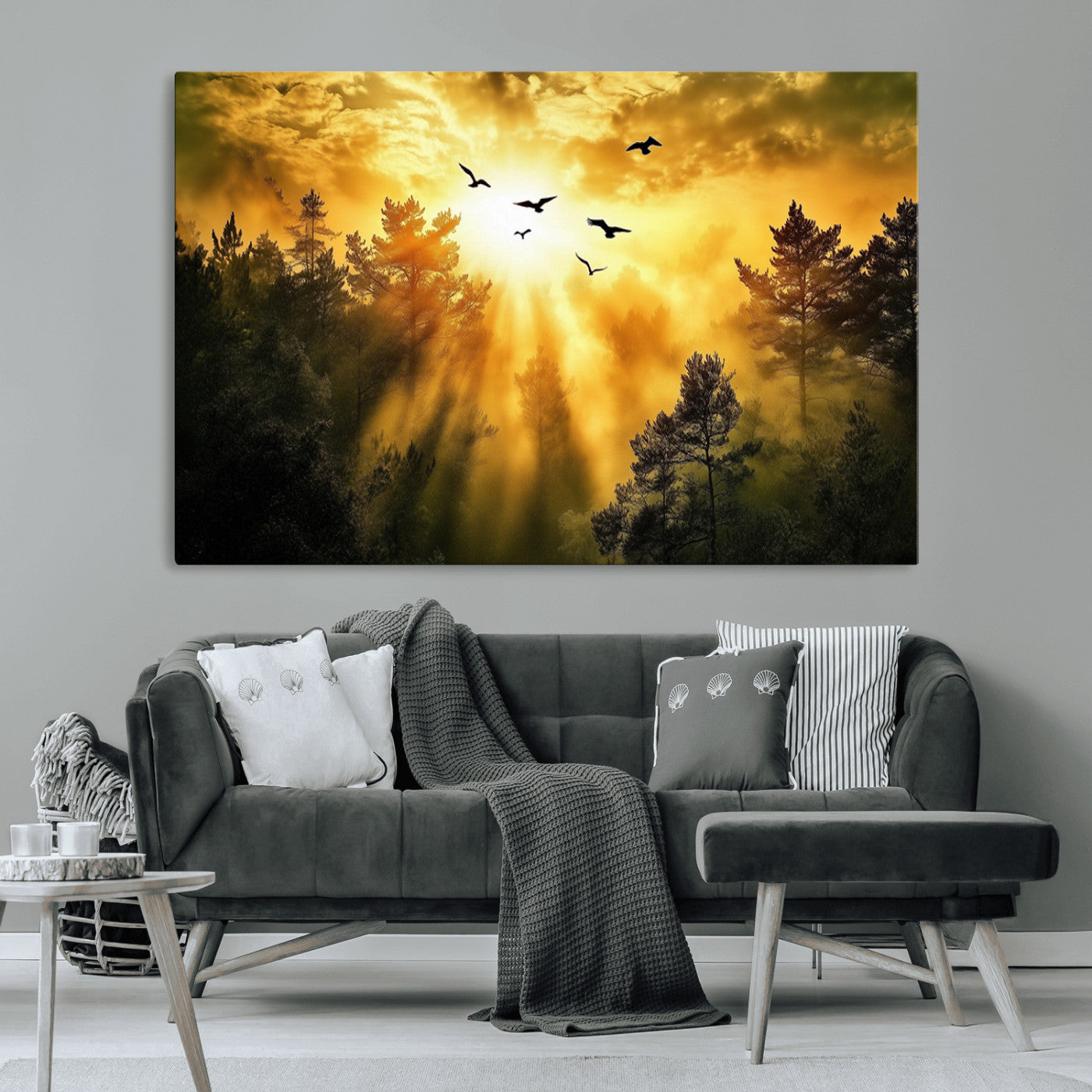 Canvas of a golden forest at sunset with birds flying through glowing sunbeams and silhouetted pine trees, ideal for warm-toned rustic decor.
