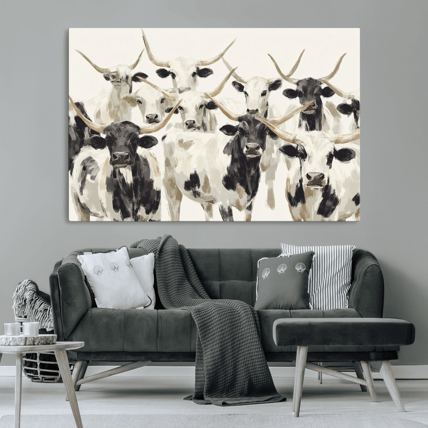 Canvas of a Texas Longhorn cattle herd in neutral black and white tones, ideal for rustic farmhouse or western-themed decor.