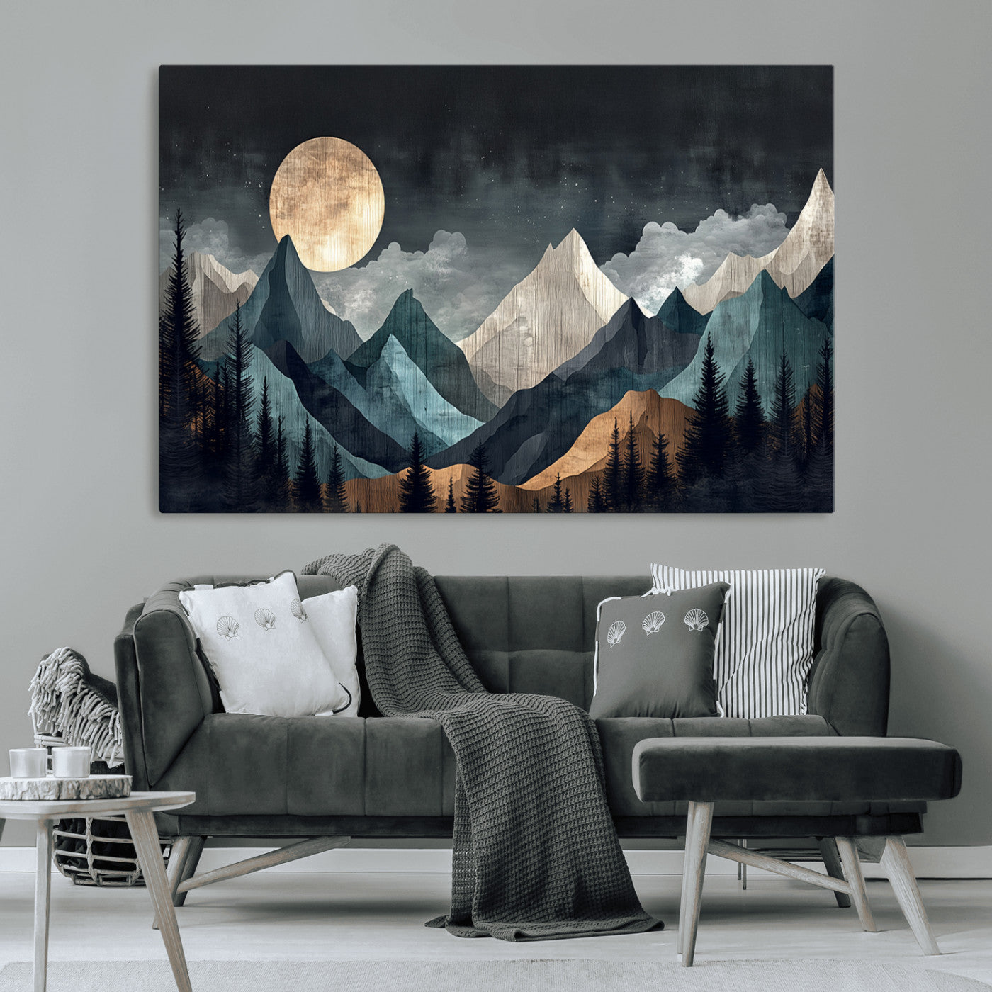 Stylized canvas of layered mountains under a full moon in neutral moody tones, ideal for nature-inspired or modern rustic interiors.