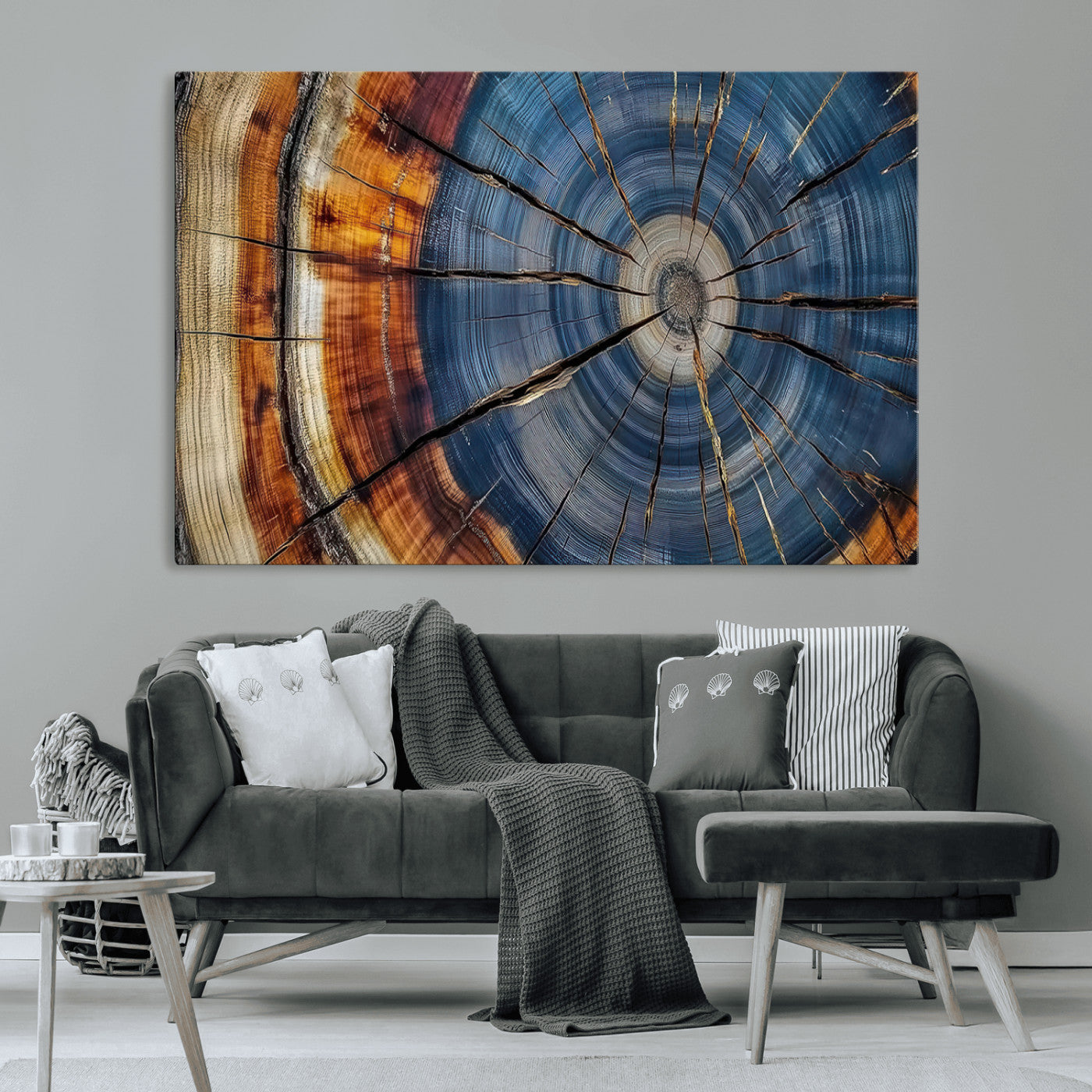 A stunning close-up view of a tree trunk, showcasing the intricate growth rings in a vibrant mix of warm browns, cool blues, and hints of natural texture.