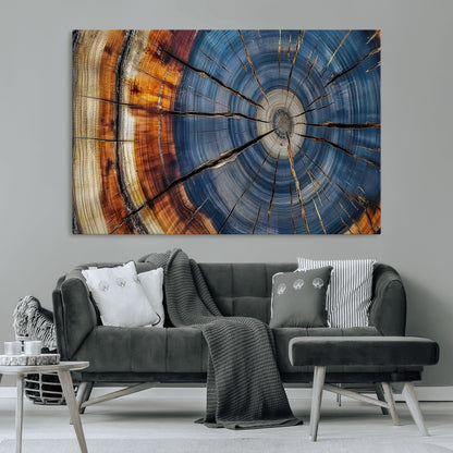 A stunning close-up view of a tree trunk, showcasing the intricate growth rings in a vibrant mix of warm browns, cool blues, and hints of natural texture.