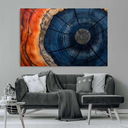 A captivating close-up of a tree trunk, showcasing its concentric rings in rich shades of blue, orange, and brown, highlighting the organic patterns of natural wood.