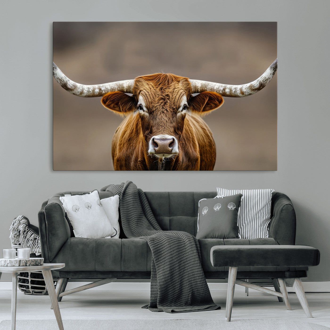 Close-up of a Texas Longhorn with strong curved horns and warm brown tones, perfect for rustic or western-style wall decor.