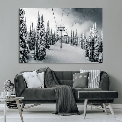 Canvas of a snowy ski lift scene through a forest of tall pine trees, ideal for moody winter or alpine-themed home decor.