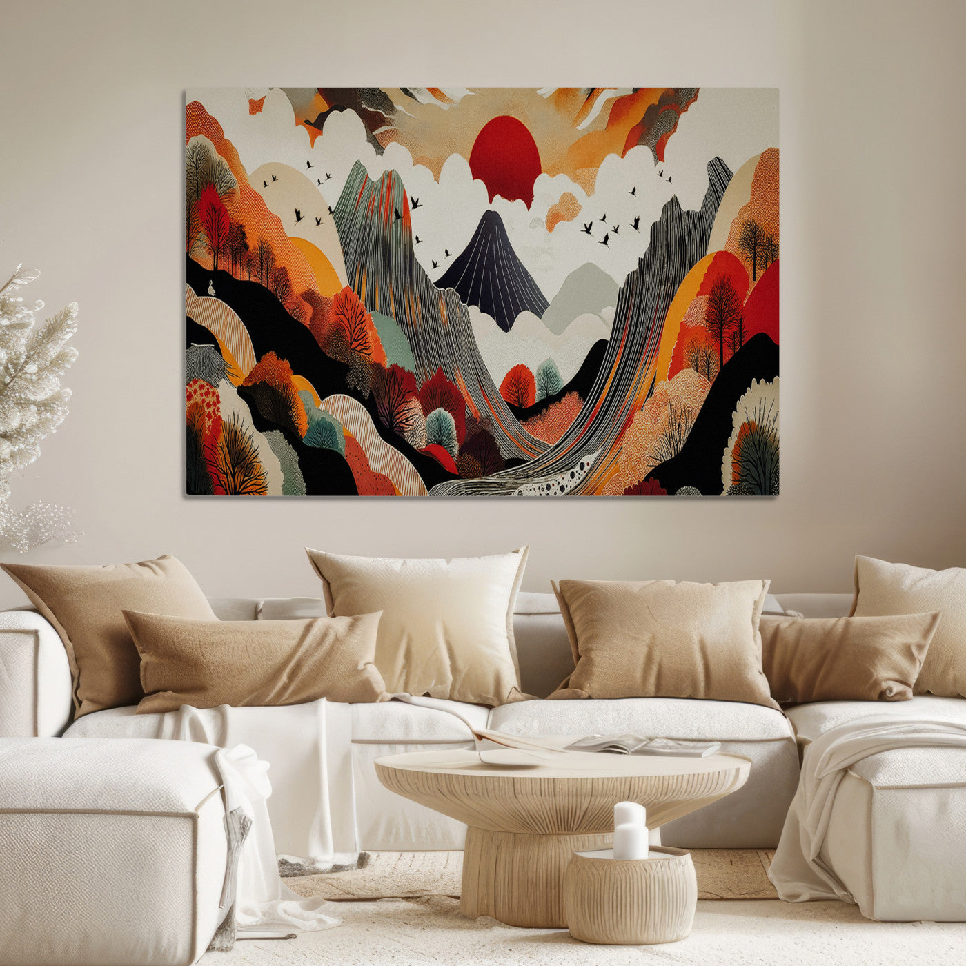Abstract Mountain Wall Art Canvas Print, Vibrant Landscape Print, Framed Stylized Nature Drawing Art Print, Large Sunset Mountains Printing Perfect for Contemporary Minimalist Decor