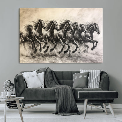 Monochrome drawing of a herd of galloping horses, perfect for dynamic and wild-themed decor in any equestrian or nature-inspired room.