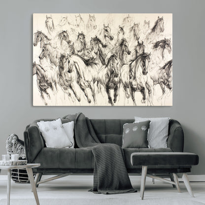 Monochrome ink sketch of galloping horses in dynamic motion, perfect for western or equine-themed wall decor with bold artistic energy.