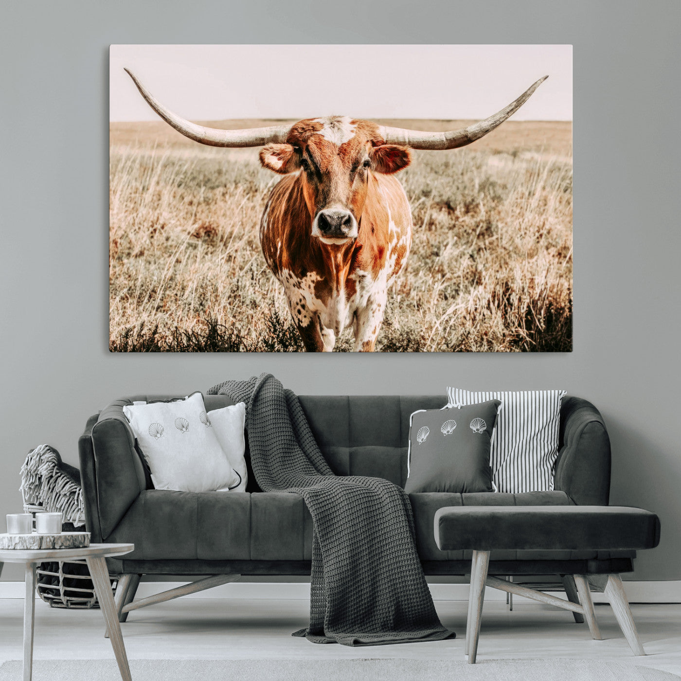 Framed longhorn cow canvas wall art with rustic prairie background, western animal print perfect for farmhouse or ranch style decor