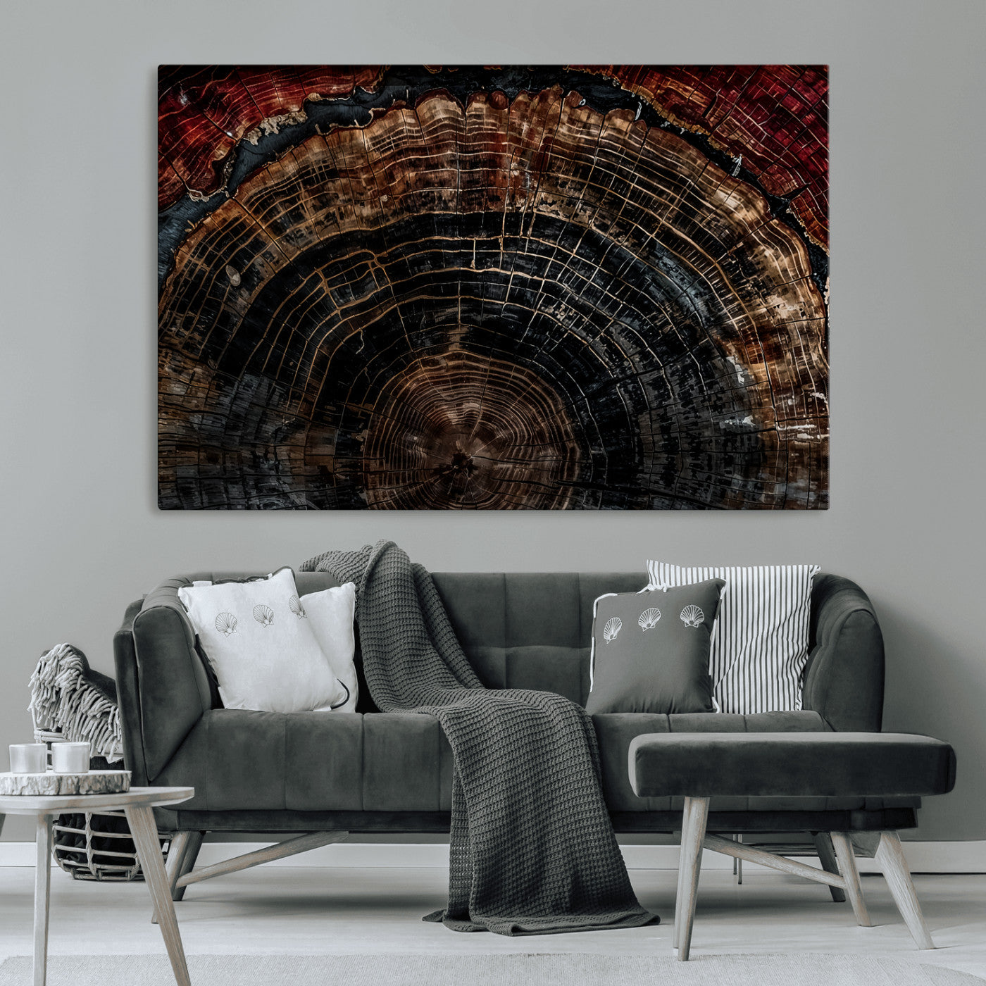 Dark Wood Wall Art Print - Petrified Tree Canvas Print, featuring an intricate tree ring pattern with deep earthy tones and organic textures, perfect for rustic and nature-inspired decor.