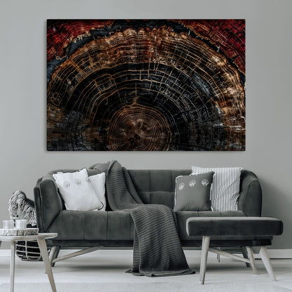 Dark Wood Wall Art Print - Petrified Tree Canvas Print, featuring an intricate tree ring pattern with deep earthy tones and organic textures, perfect for rustic and nature-inspired decor.