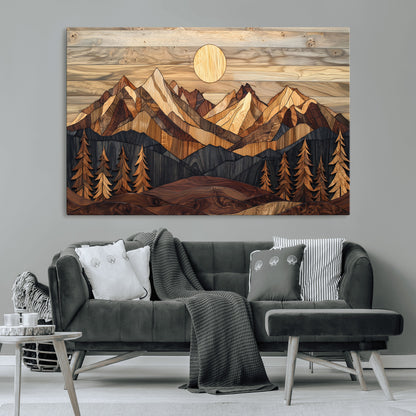Mountain Landscape Wall Art Print - Sunset Hills Canvas Print, featuring an abstract nature scene with earthy tones and misty peaks, perfect for boho and modern decor.