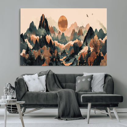 Mountain Landscape Wall Art Print - Sunset Hills Canvas Print, featuring an abstract nature scene with earthy tones and misty peaks, perfect for boho and modern decor.
