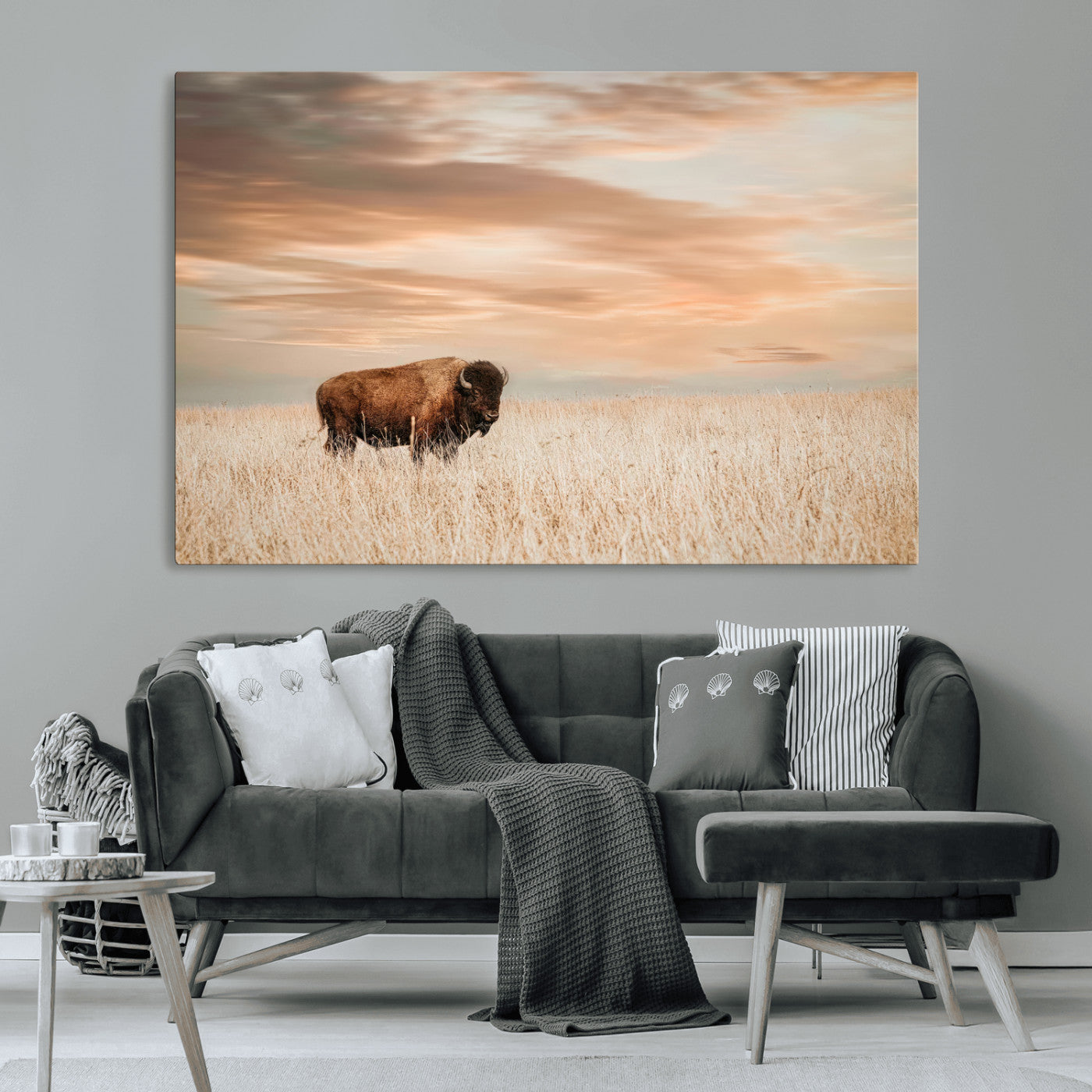 Bison Wall Art Print - Buffalo Canvas Print, featuring a lone bison in a golden prairie under a warm sunset sky, perfect for rustic and farmhouse decor.