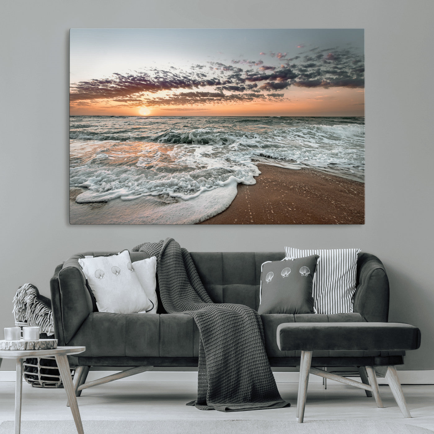 Ocean Sunset Wall Art Print - Beach Waves Canvas Print, featuring a serene seascape with golden sunlight reflecting on gentle waves, perfect for coastal and minimalist decor.