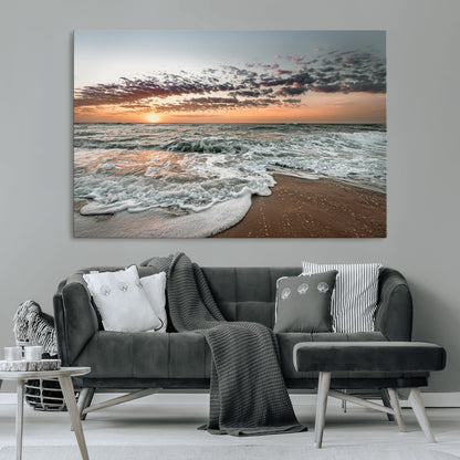 Ocean Sunset Wall Art Print - Beach Waves Canvas Print, featuring a serene seascape with golden sunlight reflecting on gentle waves, perfect for coastal and minimalist decor.
