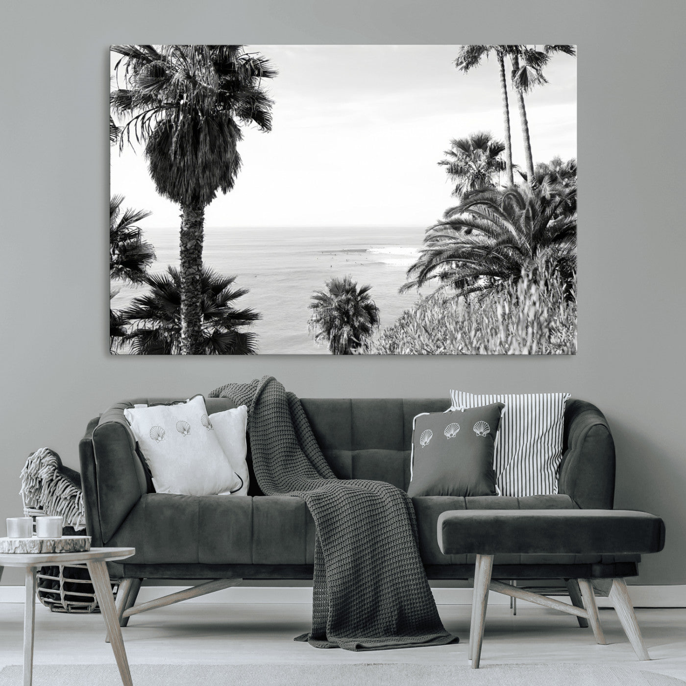 Monochrome canvas of palm trees framing a coastal surf scene, perfect for California-inspired or retro black-and-white beach decor.