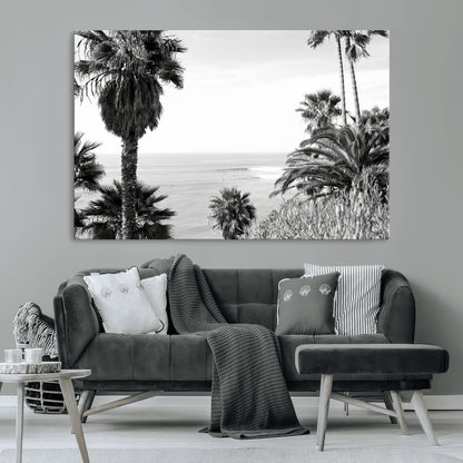 Monochrome canvas of palm trees framing a coastal surf scene, perfect for California-inspired or retro black-and-white beach decor.