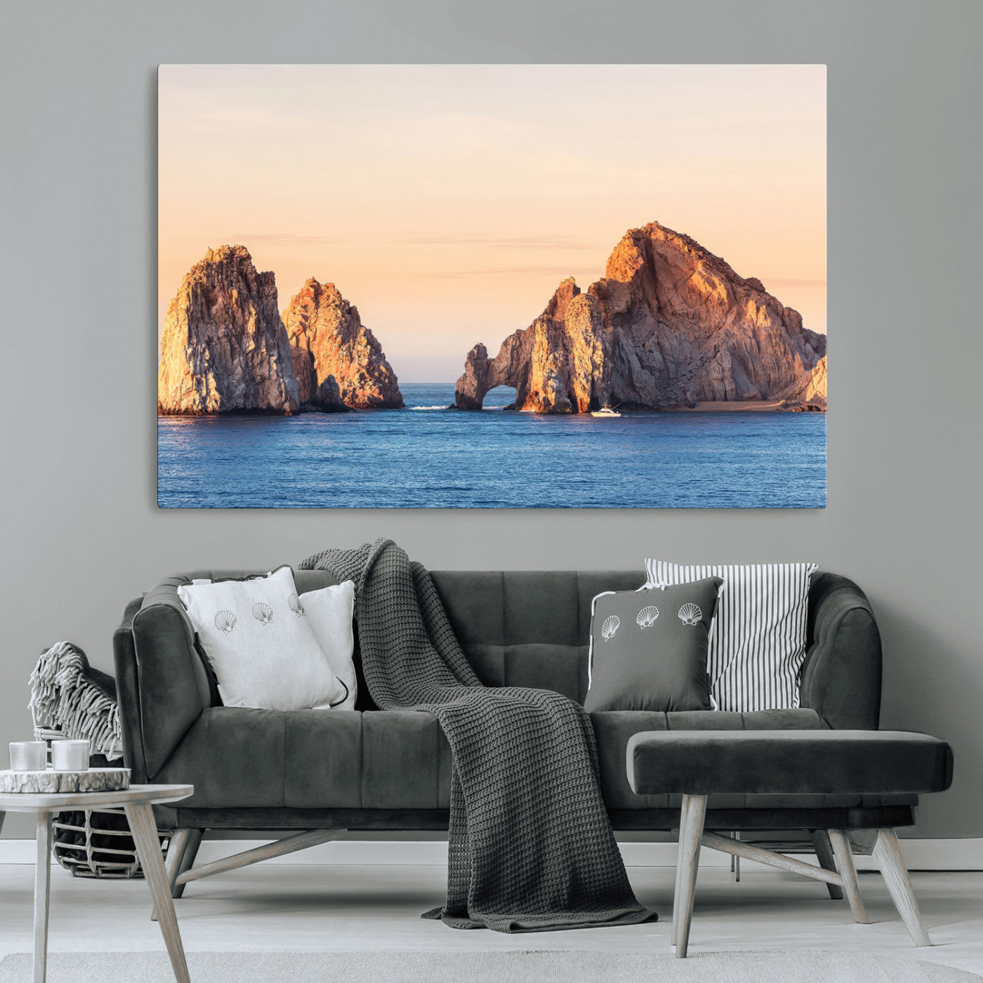 Framed canvas of El Arco rock formation in Cabo San Lucas at golden hour, ideal for coastal landmark or ocean-inspired decor.