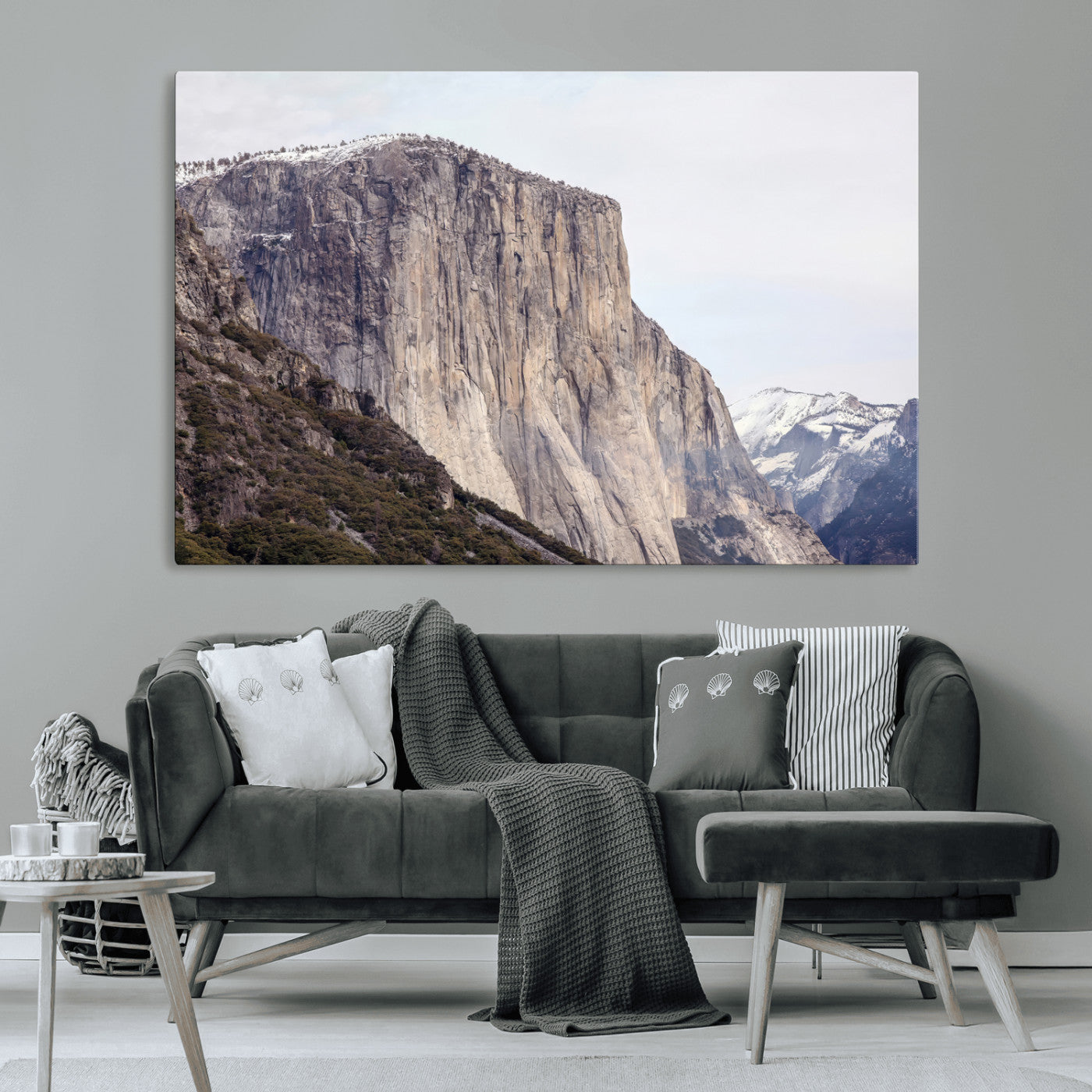 Framed canvas of El Capitan’s vertical granite face in Yosemite with snowy peaks, ideal for Sierra minimalism or mountain-inspired decor.