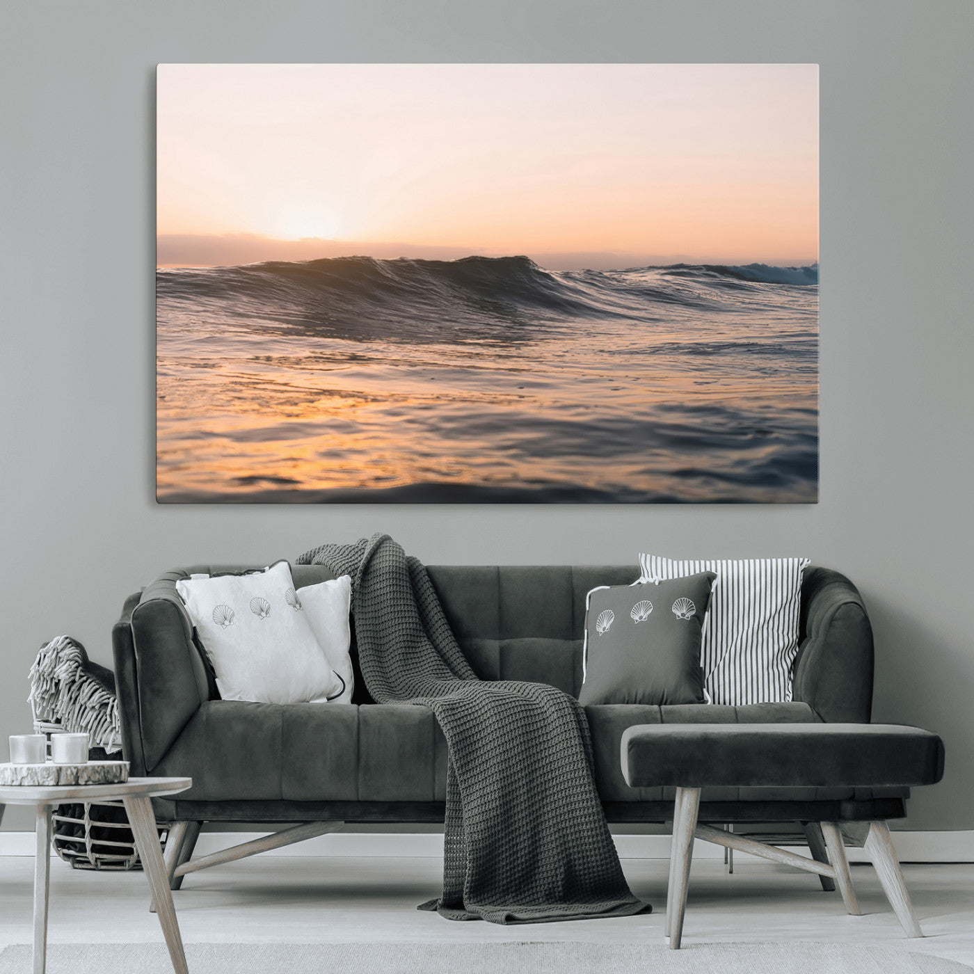 Framed canvas of ocean waves glowing in sunset light, ideal for golden hour calm or peaceful coastal-inspired wall decor.