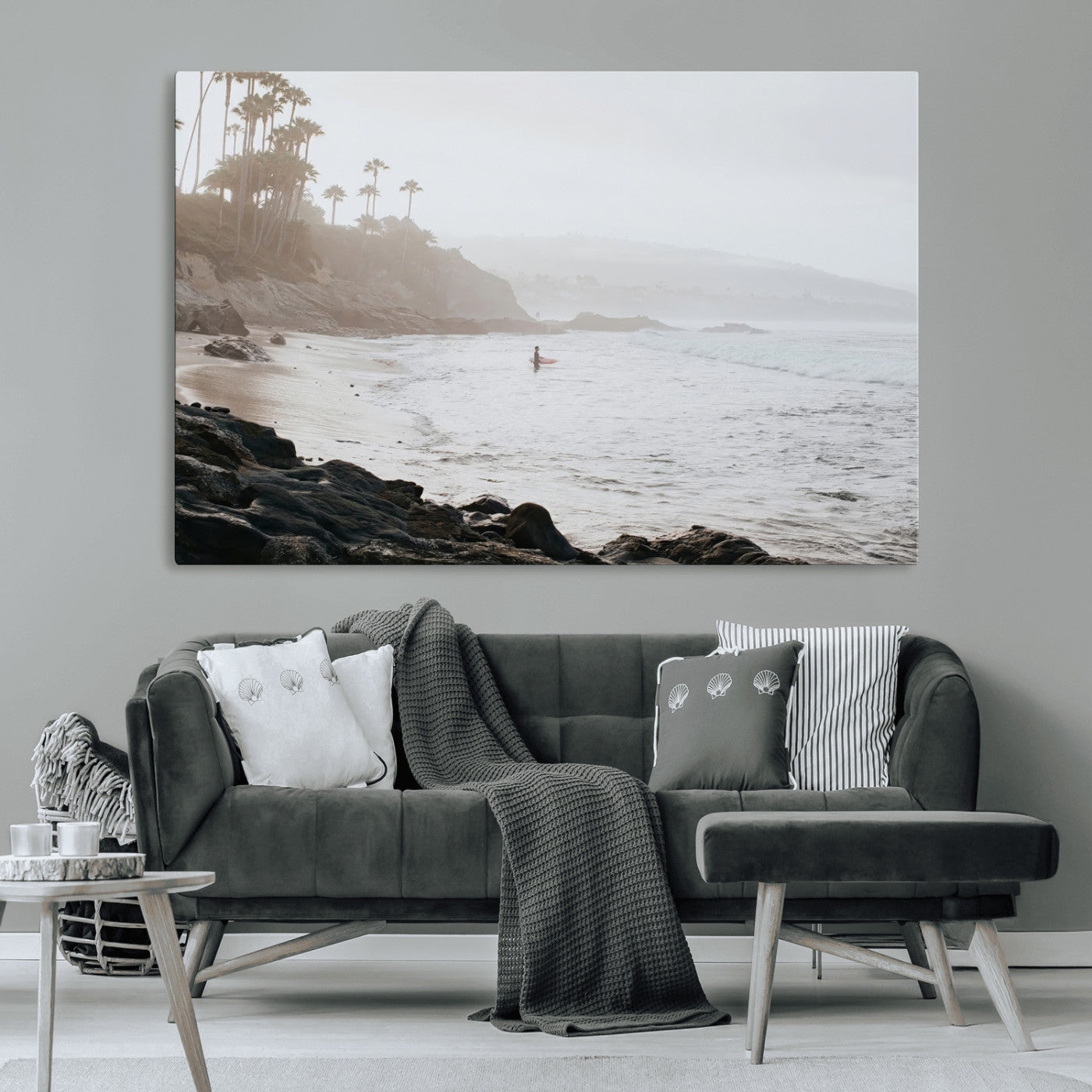 Framed canvas of a surfer in misty coastal tones at a foggy California beach, ideal for minimalist coastal beach or serene ocean-themed decor.