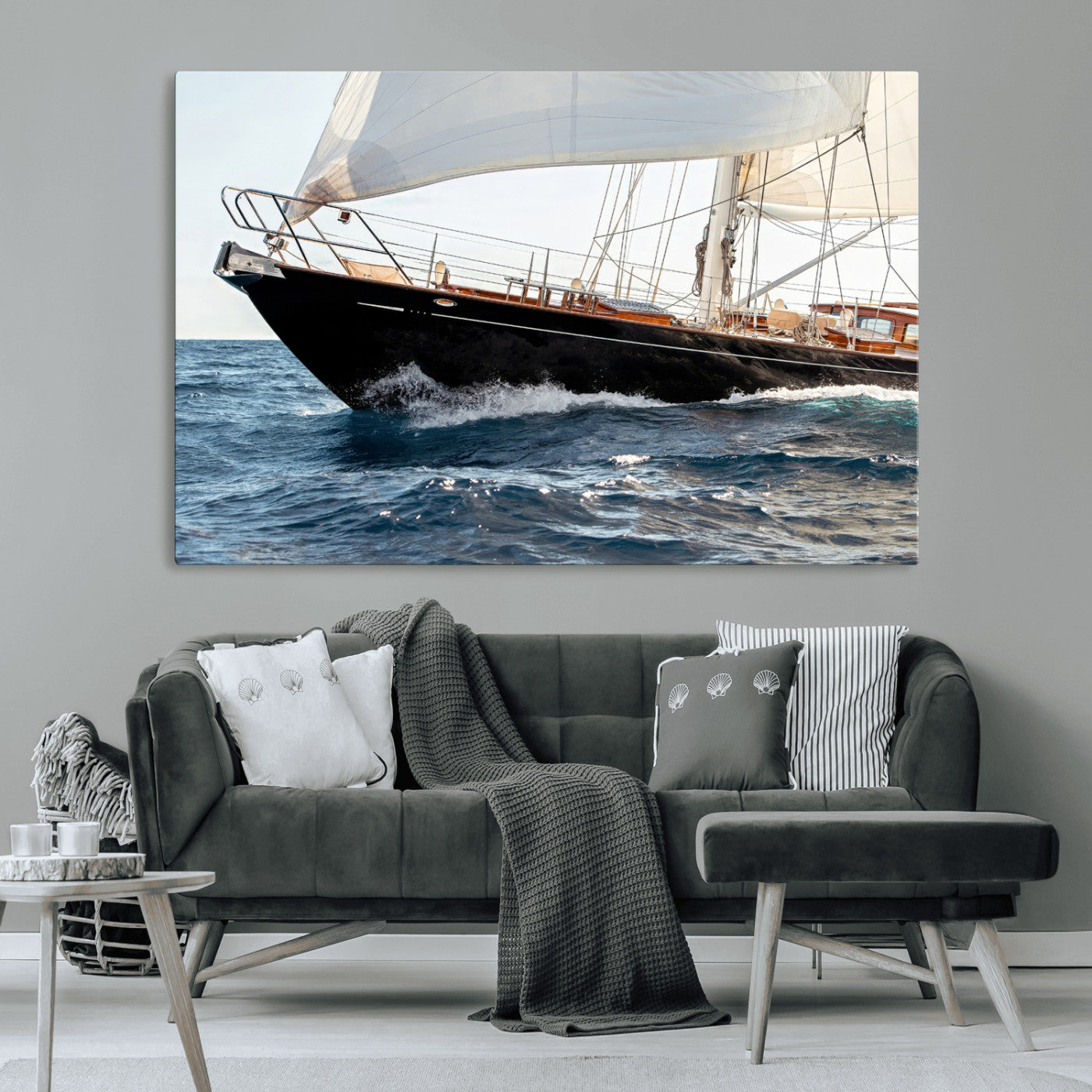 Close-up of a classic sailing yacht with wooden deck and full sails, perfect for nautical or coastal-style decor in ocean-themed spaces.