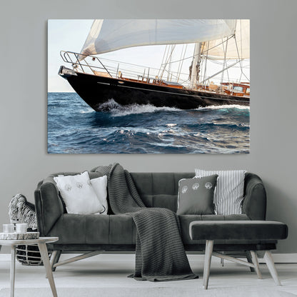 Close-up of a classic sailing yacht with wooden deck and full sails, perfect for nautical or coastal-style decor in ocean-themed spaces.