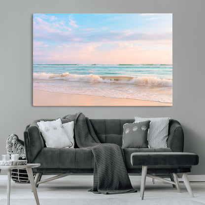 Pastel-toned ocean waves under soft sunset skies, ideal for pastel coastal or serene beach-style home decor.