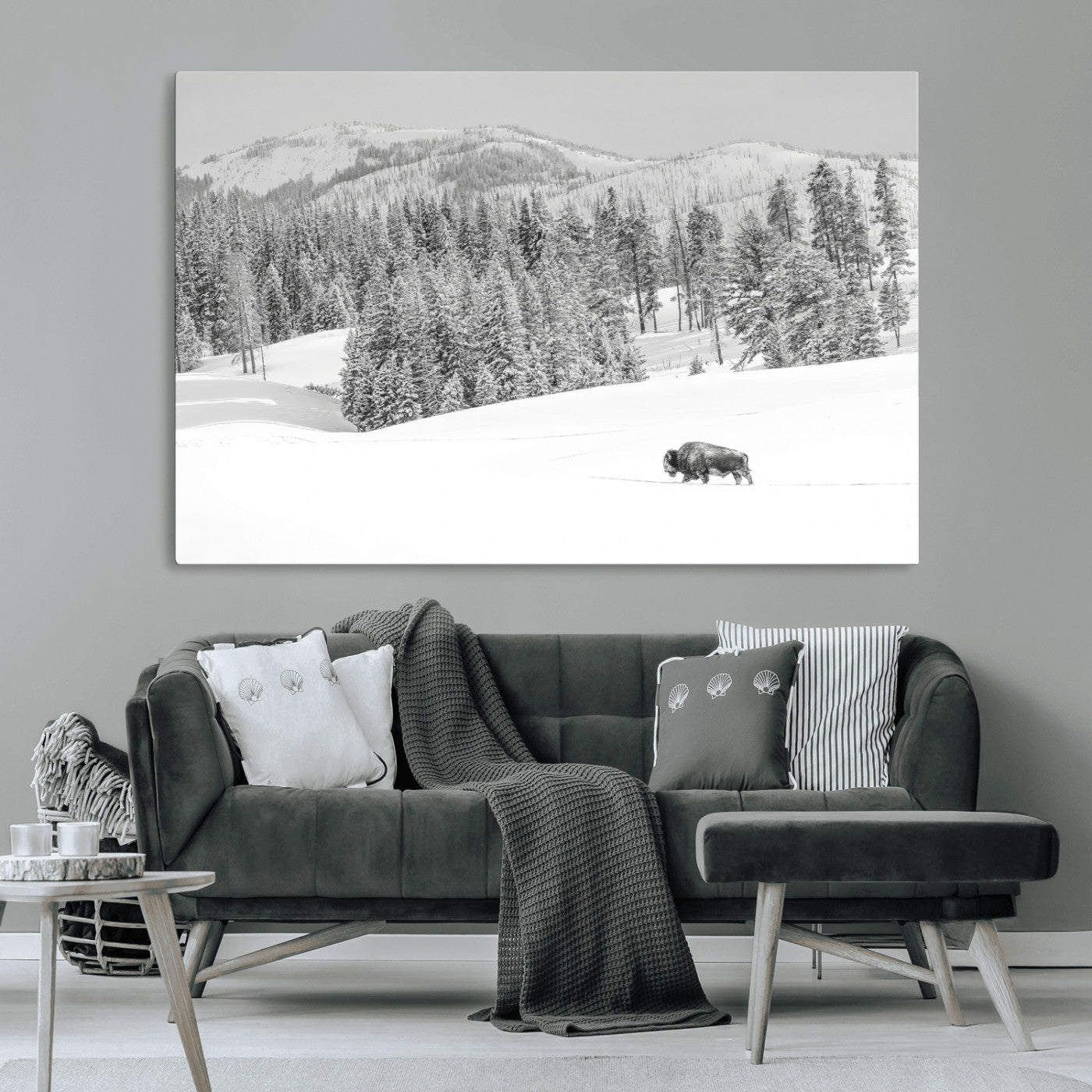 Snowy bison walking through white forest landscape, ideal for monochrome winter or wilderness-style interior wall decoration.